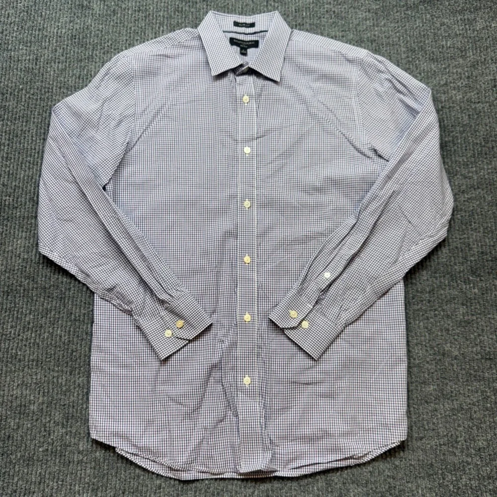 Banana Republic Non-Iron Shirt Mens L Slim Fit Blue Purple Gingham Button Down
